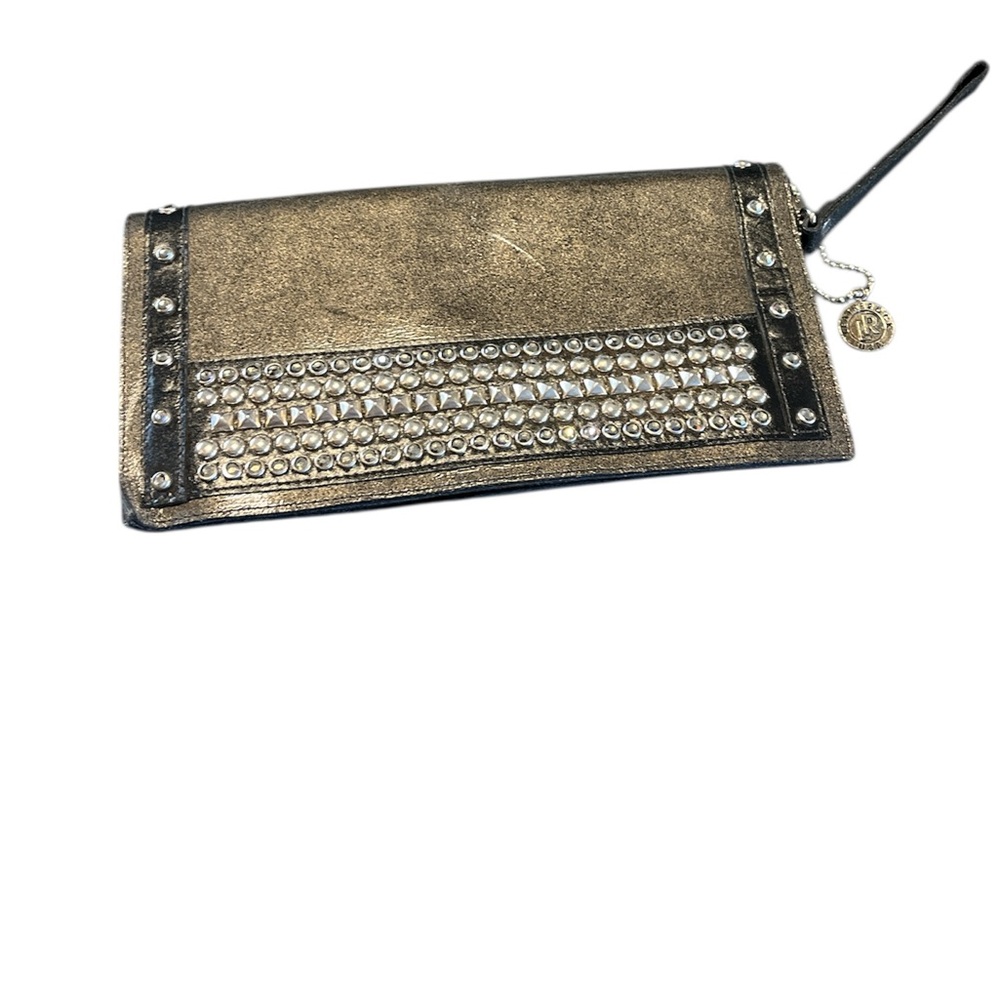 Vintage LeatheRock REAL Leather Studded Stone Lrg. Halian Patent Black Clutch